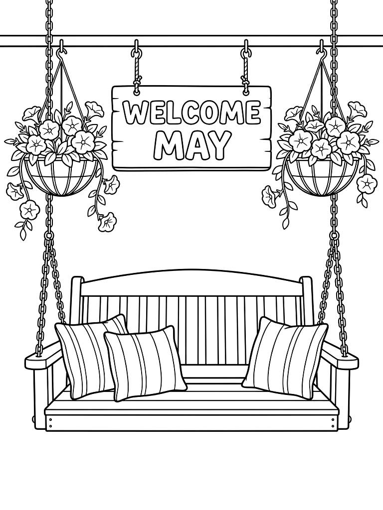 Welcome May Wooden Sign Hanging Above A Classic Porch Swing Decorated With Striped Pillows And Hanging Baskets Of Petunias coloring page — free printable for kids and adults