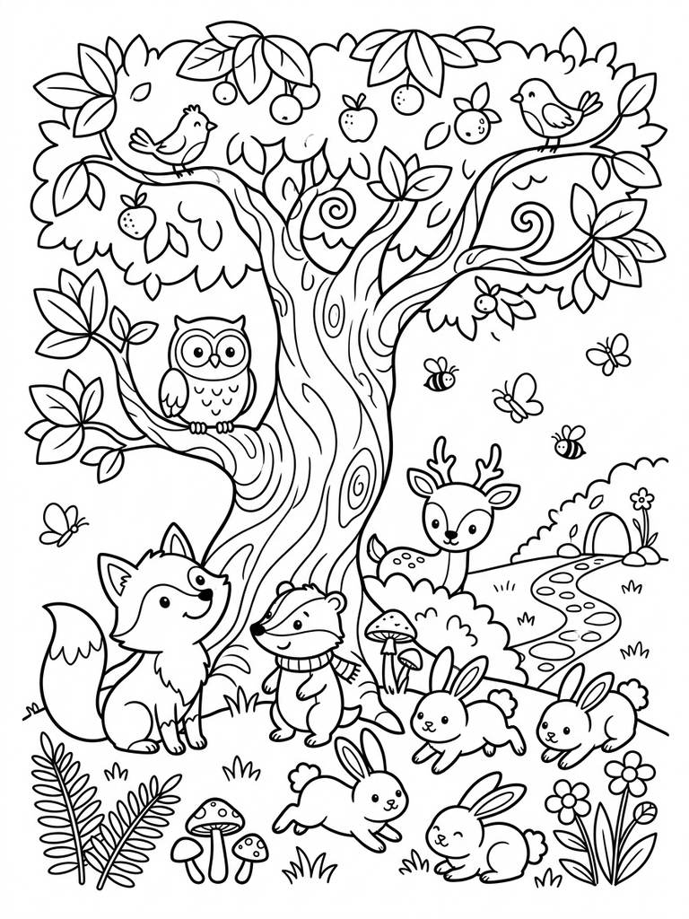 Whimsical Forest Nook With Friendly Creatures Coloring Page