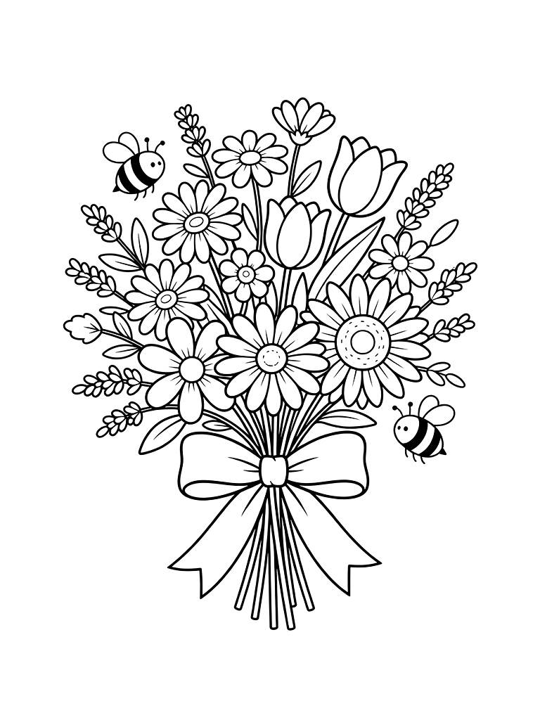 Whimsical Hand-tied Wildflower Bouquet With A Silk Ribbon Bow And Bumblebees Coloring Page — free printable for kids and adults
