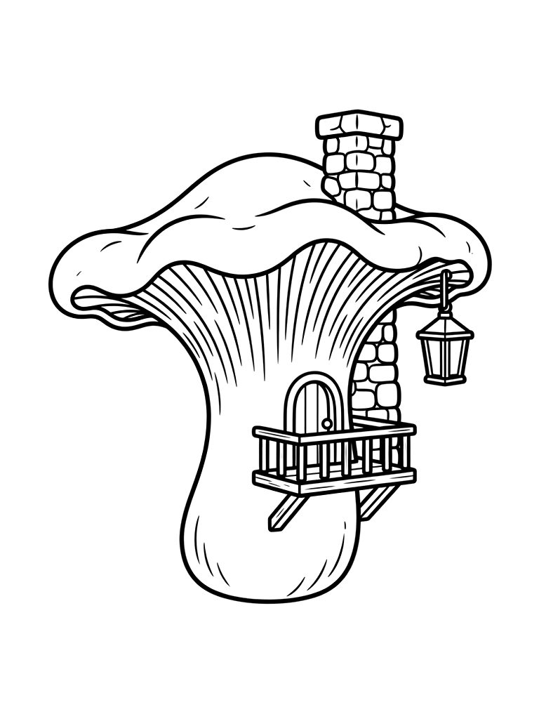 Whimsical Mushroom Cottage Built Inside A Giant Chanterelle With A Tiny Wooden Balcony coloring page — free printable for kids and adults