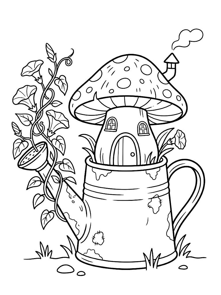 Whimsical Mushroom House Built Inside A Rusted Vintage Watering Can With Morning Glories Climbing The Spout Coloring Page