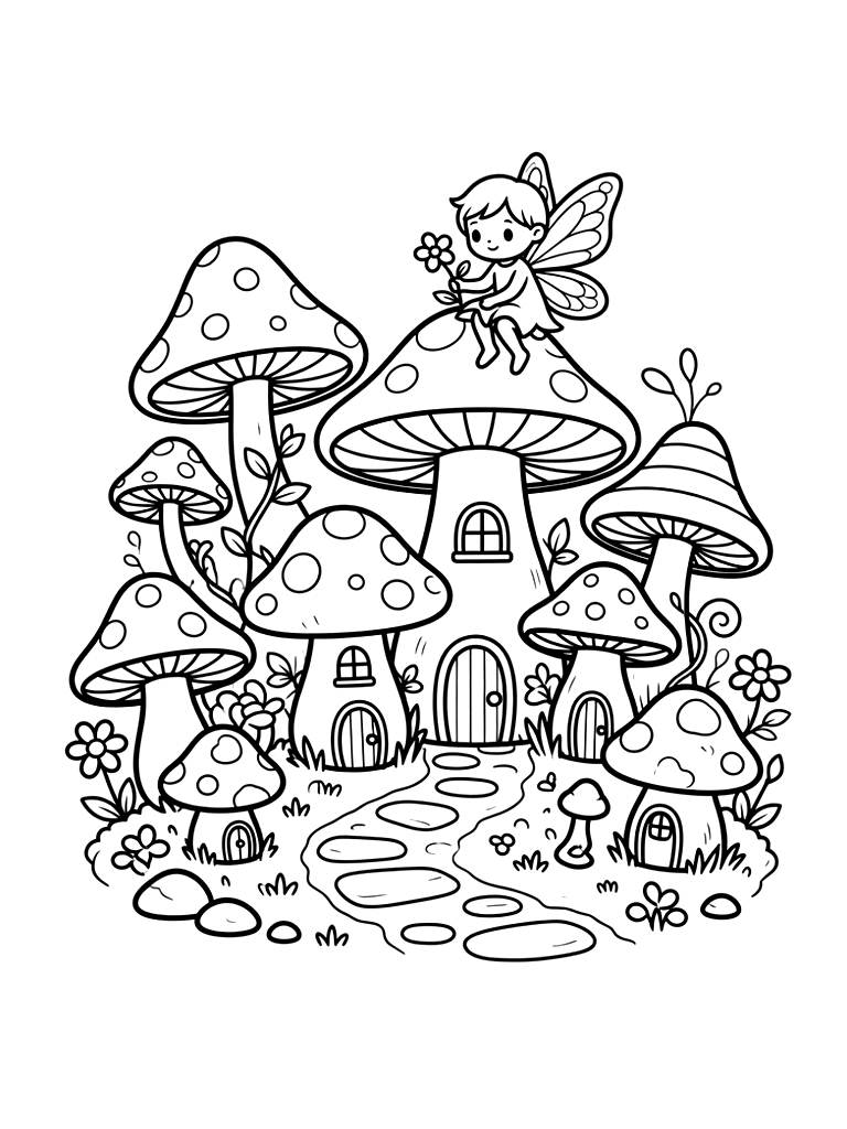 Whimsical Mushroom Houses And Fairy Villages coloring page — free printable for kids and adults