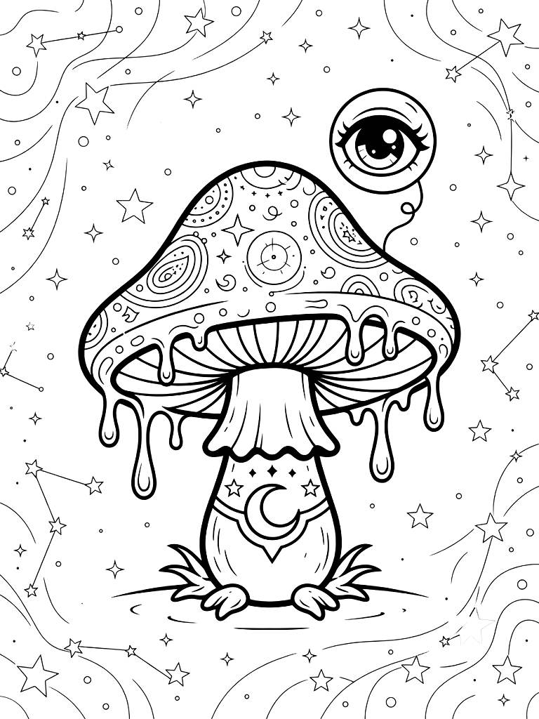 Whimsigoth Style Mushroom With Bioluminescent Drips And A Floating Eye In A Neon Starry Sky Coloring Page — free printable for kids and adults