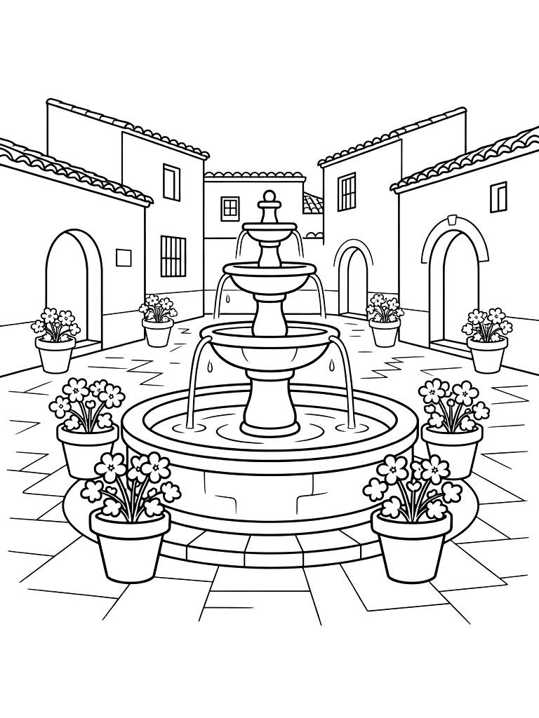 White Stone Courtyard In A Spanish Village With Terracotta Pots Of Geraniums And A Central Tiered Fountain Coloring Page