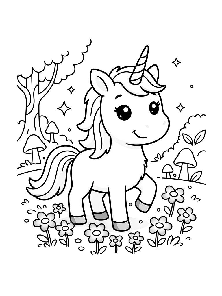 White Unicorn With A Silver Horn Standing In A Patch Of Glowing Blue Flowers In An Enchanted Forest Coloring Page