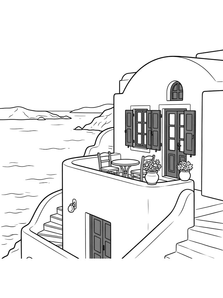 White-washed Santorini Balcony With Blue Shutters And A View Of The Aegean Sea Coloring Page — free printable for kids and adults