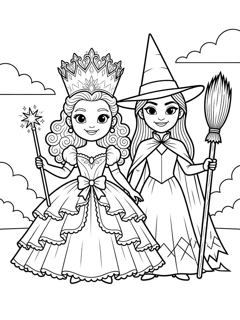 Wicked Movie: Glinda & Elphaba Fantasy Scenes coloring page — free printable for kids and adults