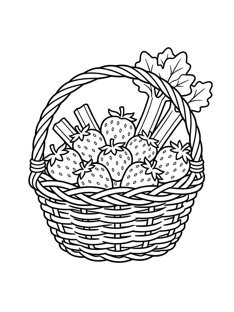 Wicker Basket Of Fresh Spring Strawberries And Green Rhubarb Stalks Coloring Page — free printable for kids and adults