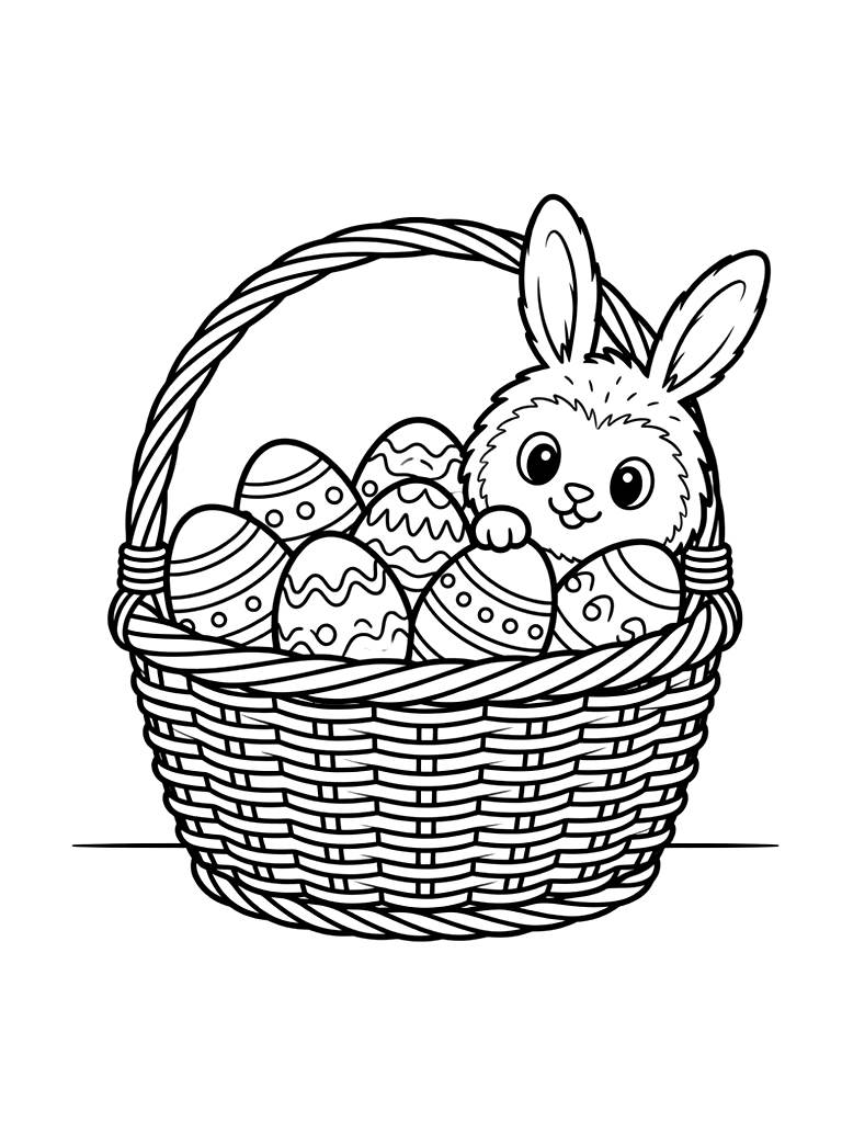 Wicker Basket Of Hand-painted Easter Eggs With A Baby Bunny Peeking Out Coloring Page