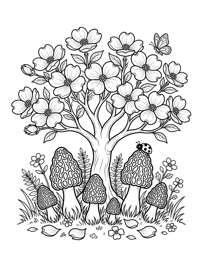 Wild Morel Mushrooms Growing Under A Flowering Dogwood Tree In A Spring Forest Coloring Page