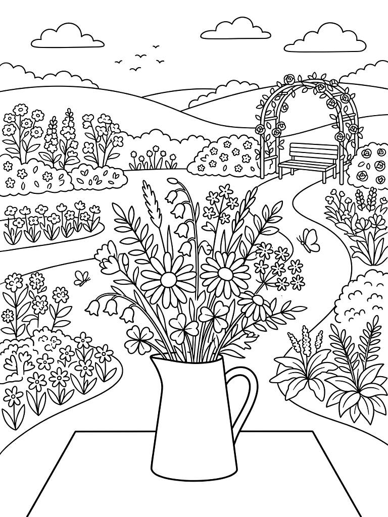 Wildflower Bouquet And Blooming Botanical Gardens coloring page — free printable for kids and adults