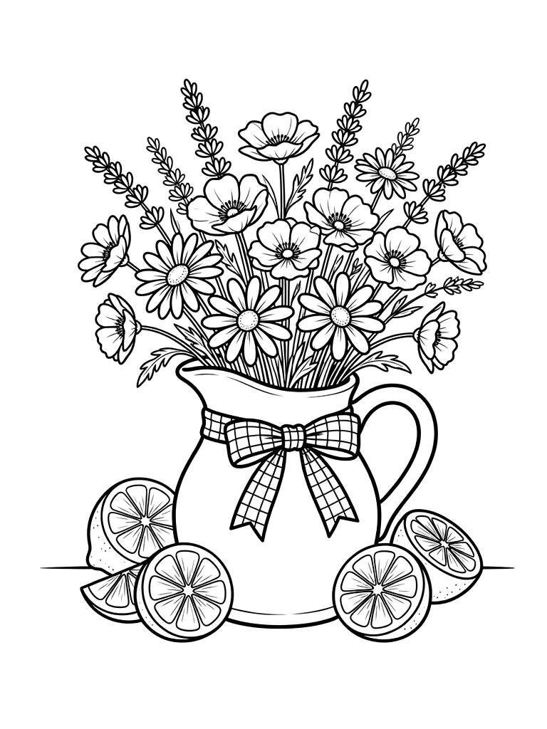 Wildflower Bouquet In A Vintage Ceramic Pitcher With A Checkered Ribbon And Sliced Lemons Coloring Page