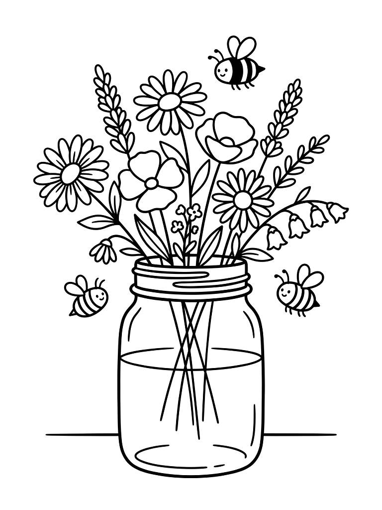 Wildflower Bouquet In Mason Jar With Honeybees coloring page — free printable for kids and adults