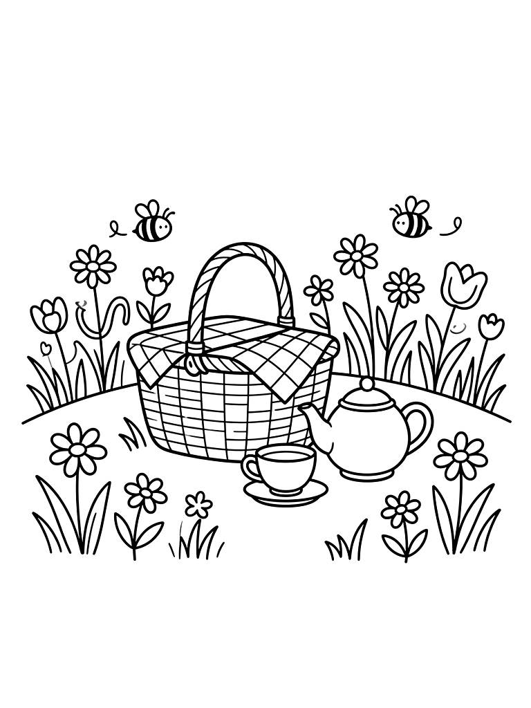 Wildflower Fields & Picnic Tea coloring page — free printable for kids and adults
