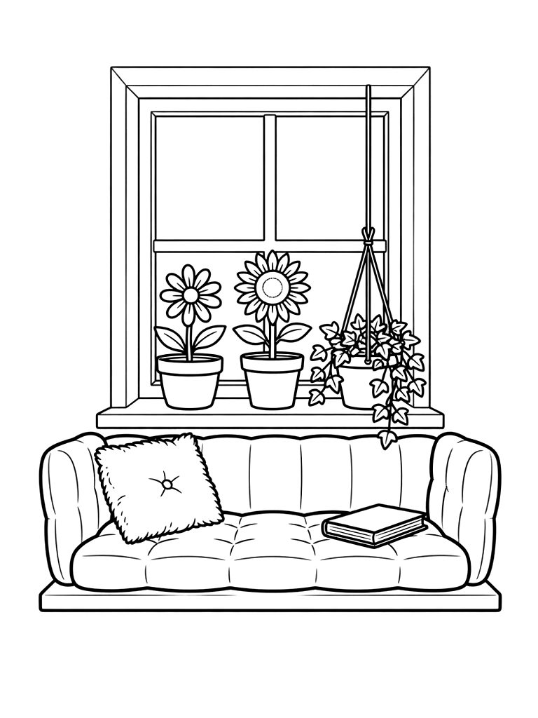 Window Seat With Flower Pots Coloring Page
