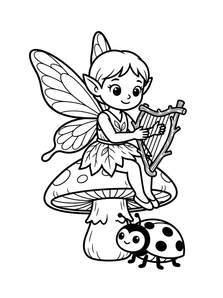 Winged Forest Fairy Sitting On A Large Forest Mushroom Playing A Tiny Harp Made Of Silver Twigs For A Friendly Ladybug coloring page — free printable for kids and adults