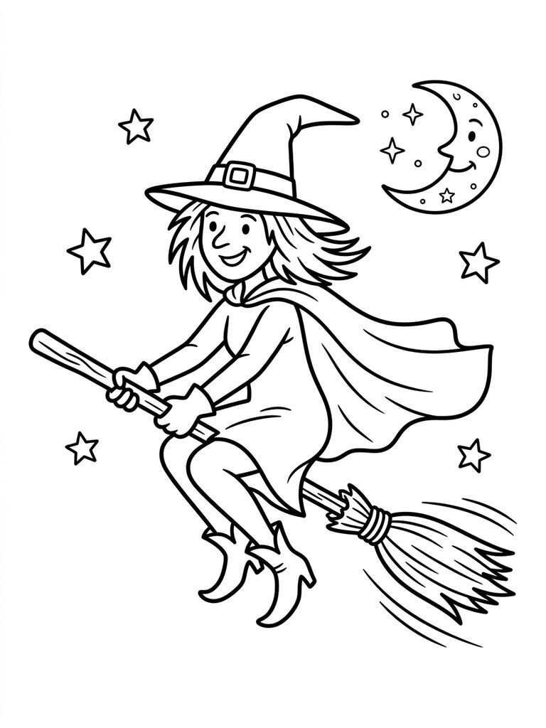 Witch On Broomstick / Flying Witch Coloring Page