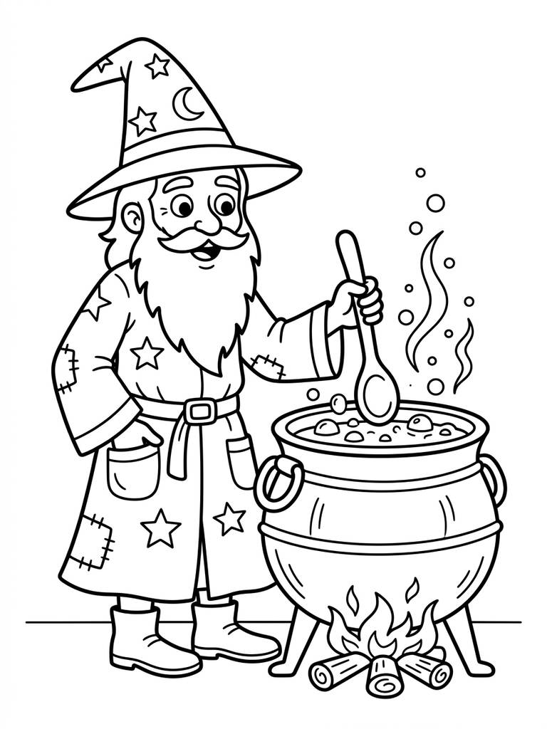 Wizard Brewing Potion In Cauldron Coloring Page