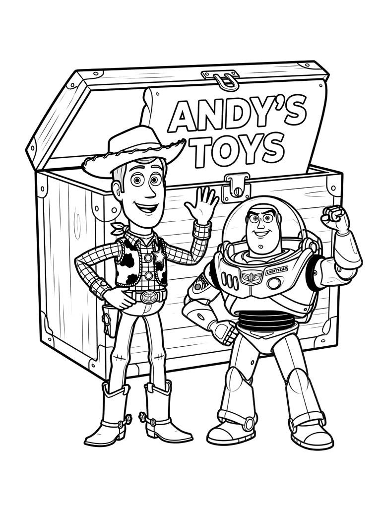 Woody And Buzz Lightyear Standing In Front Of A Toy Box Coloring Page — free printable for kids and adults
