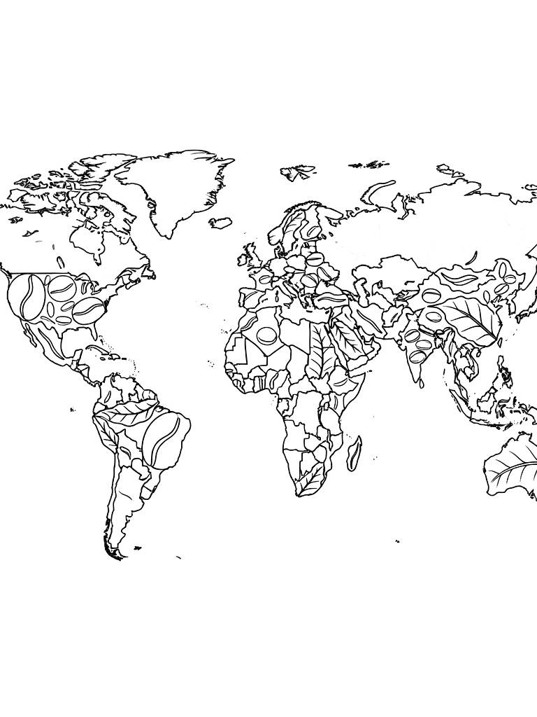 World Map Made Of Various Coffee Beans And Leaves Representing Coffee-growing Regions Coloring Page — free printable for kids and adults