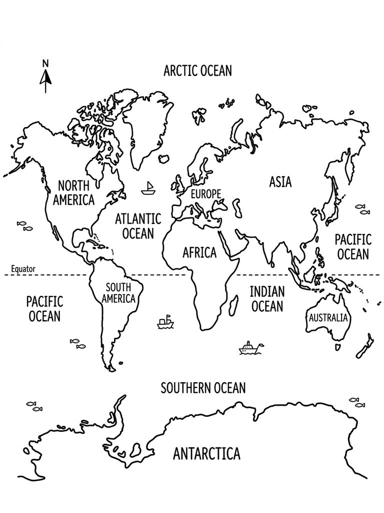 World Map With 7 Continents And 5 Oceans Coloring Page