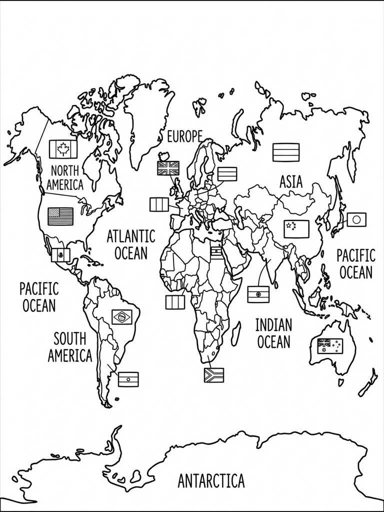 World Map With Country Flags Coloring Page