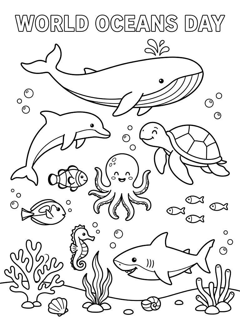 World Oceans Day Sea Creatures coloring page — free printable for kids and adults