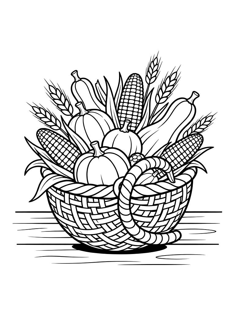 Woven Cornucopia Overflowing With Colorful Indian Corn Coloring Page