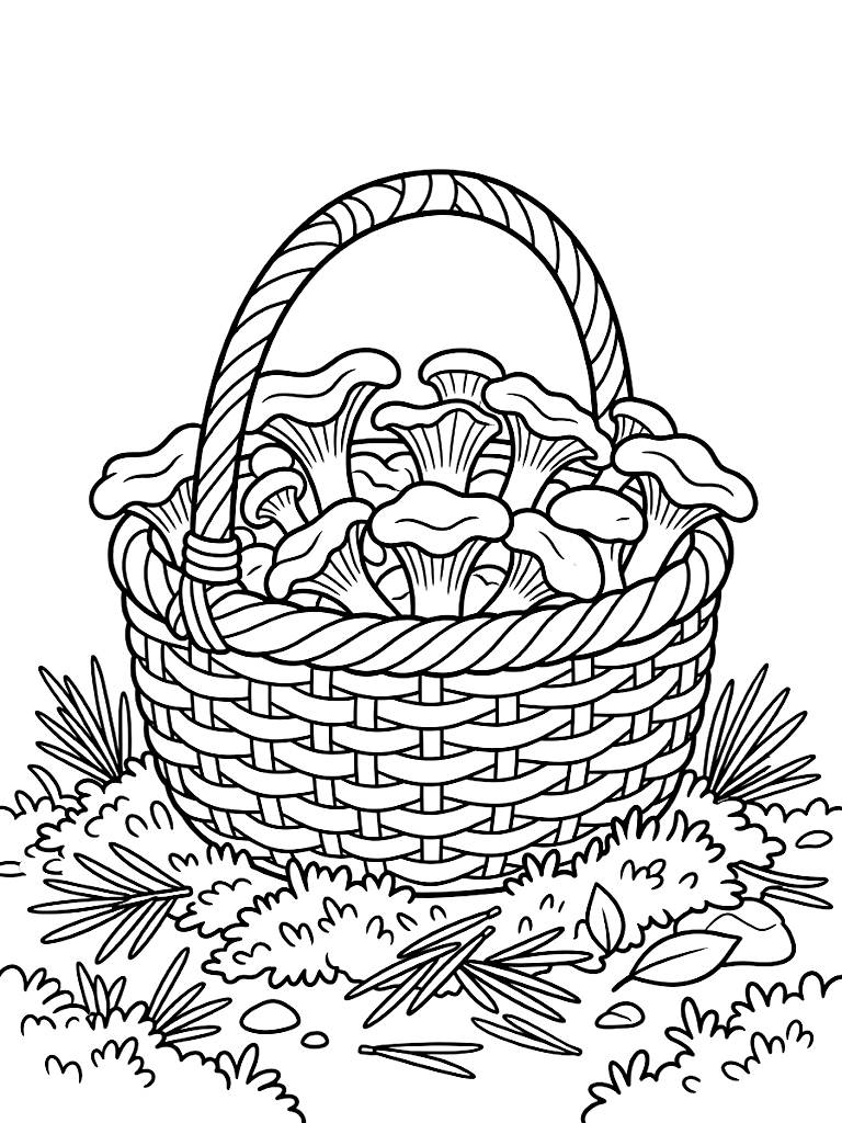 Woven Wicker Foraging Basket Filled With Freshly Gathered Chanterelle Mushrooms Resting On A Bed Of Damp Forest Moss And Pine Needles Coloring Page