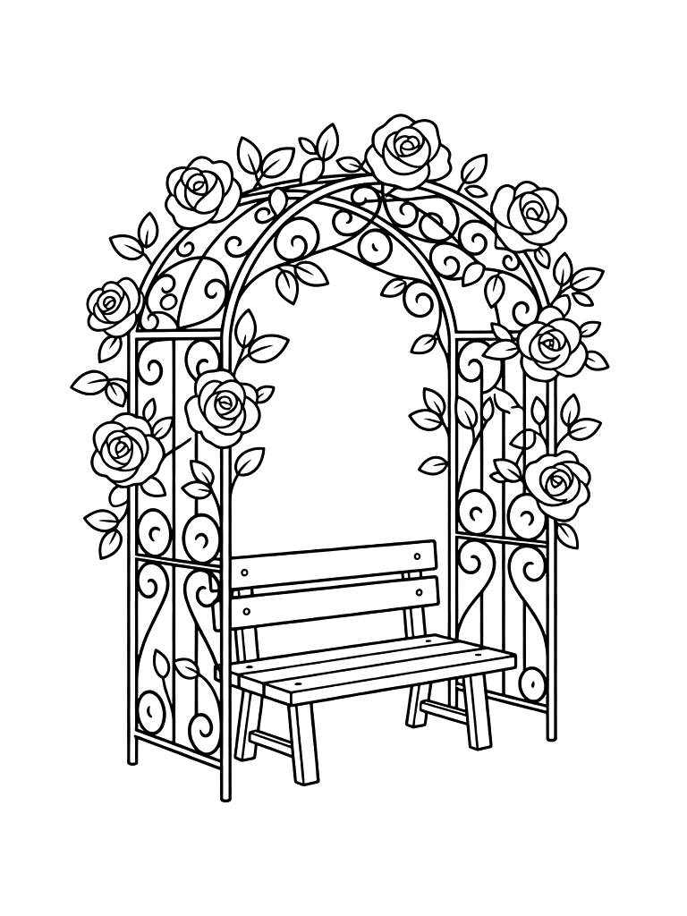 Wrought Iron Garden Arbor Heavy With Blooming Eden Roses And A Small Wooden Bench Underneath Coloring Page
