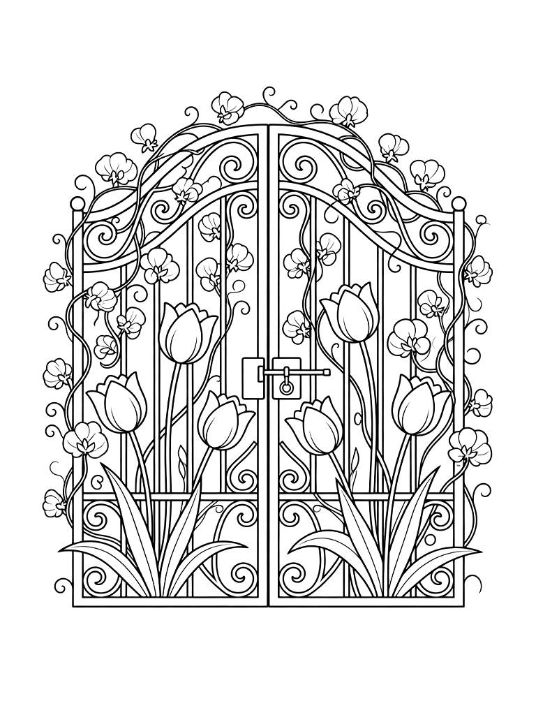 Wrought Iron Garden Gate Overgrown With Sweet Peas And Spring Tulips Coloring Page — free printable for kids and adults