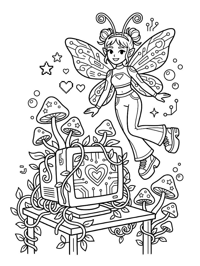 Y2k Cyber-Fairy Aesthetic With Glowing Neon Mushrooms Sprouting From A Retro Computer Monitor Overgrown With Vines Coloring Page