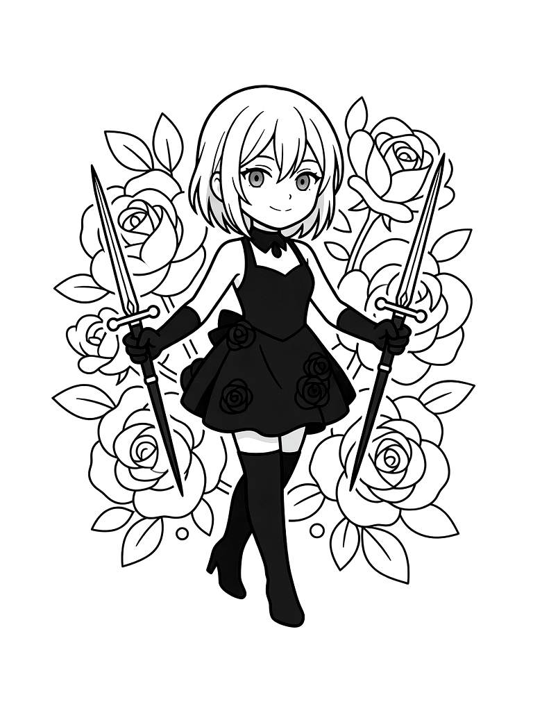 Yor Forger In Her Elegant Assassin Outfit Holding Her Golden Needle Weapons With A Background Of Roses Coloring Page