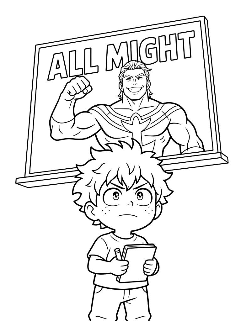 Young Deku Looking Up At A Giant Billboard Of All Might With A Determined Expression And A Notebook Coloring Page