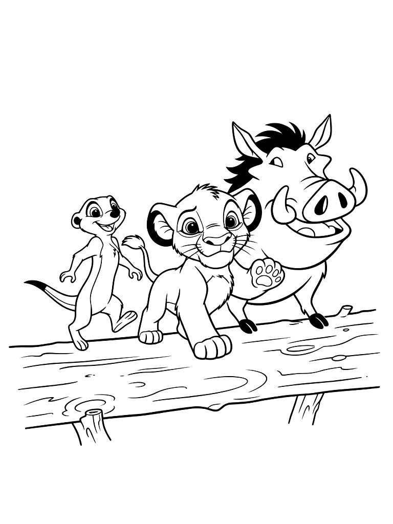 Young Simba Timon And Pumbaa Walking Across A Log Bridge In The Jungle Coloring Page