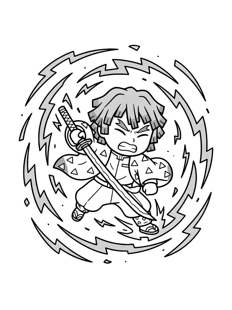Zenitsu Performing His Thunder Breathing Technique With An Intense Strike And Yellow Lightning Bolts Coloring Page