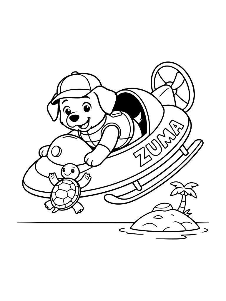 Zuma The Chocolate Lab In His Orange Hovercraft Rescuing A Baby Turtle From A Rocky Island Coloring Page